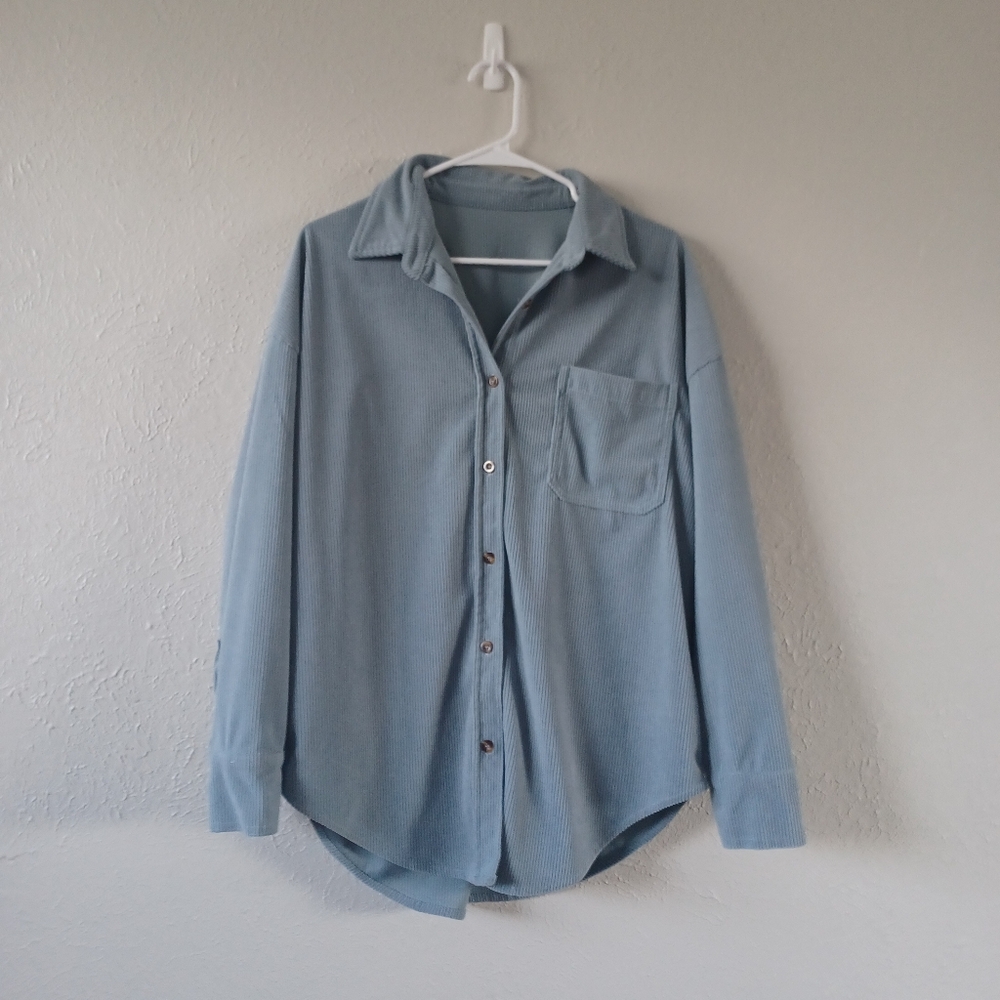 Blue Corduroy Button Down Top Blouse